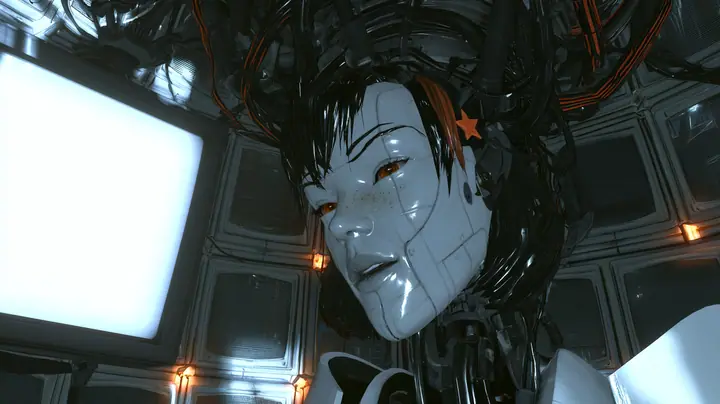Medium close cinematic film still in GLaDOS's lit dome chamber from Portal 2, slight low angle: a large porcelain android head hangs on a black robotic cable bundle with orange stripes, a porcelain-white female face…