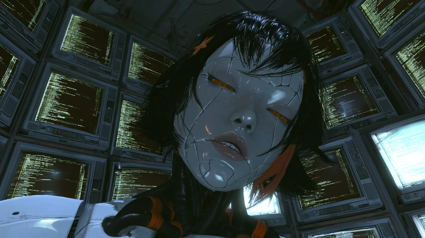 Medium close cinematic film still from a low three-quarter angle in a dark Portal 2 AI chamber: a large porcelain android head on a black orange-striped cable bundle, a porcelain-white female face with fine panel…