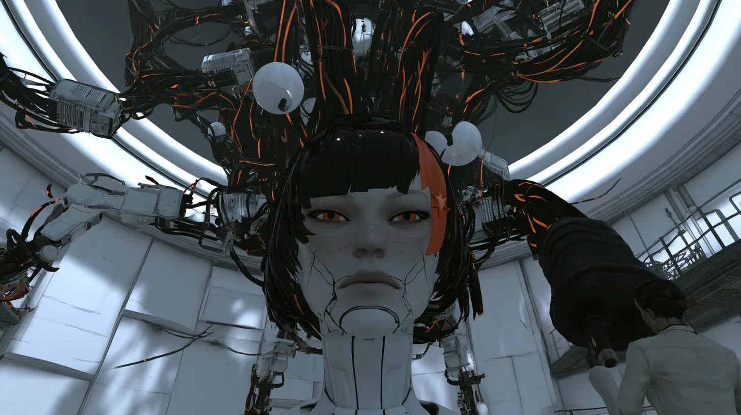 Low three-quarter cinematic film still in a white-lit Portal 2 AI chamber: a large porcelain android head with a porcelain-white female face, fine panel seams, light freckles, amber glass eyes, glossy black blunt bob…