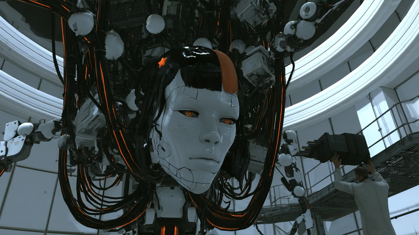 Low three-quarter cinematic film still in a white-lit Portal 2 AI chamber: a large porcelain android head with a porcelain-white female face, fine panel seams, light freckles, amber glass eyes, glossy black blunt bob…