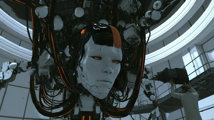 Low three-quarter cinematic film still in a white-lit Portal 2 AI chamber: a large porcelain android head with a porcelain-white female face, fine panel seams, light freckles, amber glass eyes, glossy black blunt bob…