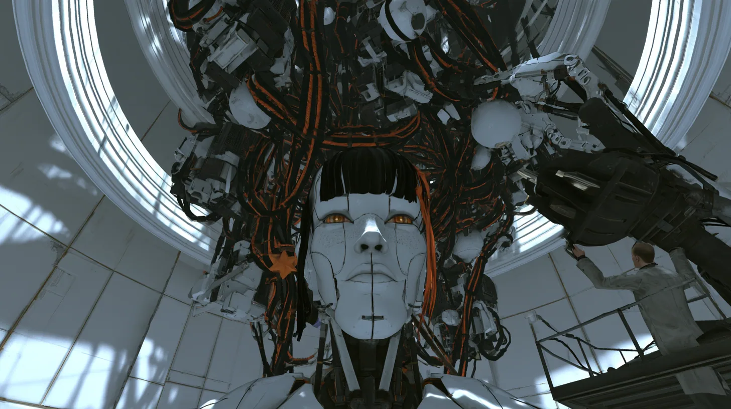 Low three-quarter cinematic film still in a white-lit Portal 2 AI chamber: a large porcelain android head with a porcelain-white female face, fine panel seams, light freckles, amber glass eyes, glossy black blunt bob…