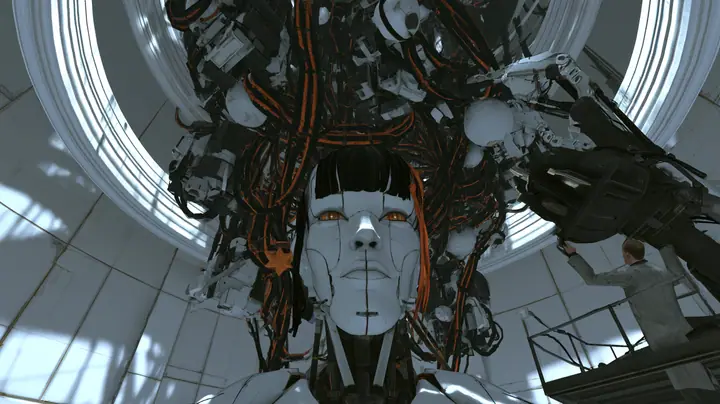 Low three-quarter cinematic film still in a white-lit Portal 2 AI chamber: a large porcelain android head with a porcelain-white female face, fine panel seams, light freckles, amber glass eyes, glossy black blunt bob…