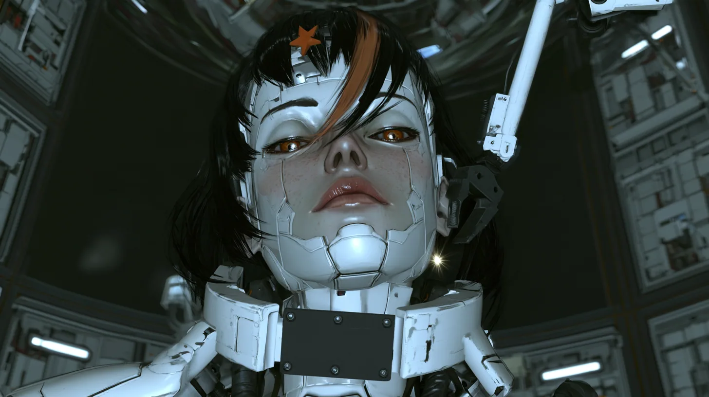 Close cinematic film still in a dark Portal 2 AI chamber: a large porcelain android head hangs from a white mechanical collar, a porcelain-white female face with fine panel seams, light freckles, amber glass eyes,…