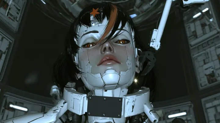 Close cinematic film still in a dark Portal 2 AI chamber: a large porcelain android head hangs from a white mechanical collar, a porcelain-white female face with fine panel seams, light freckles, amber glass eyes,…