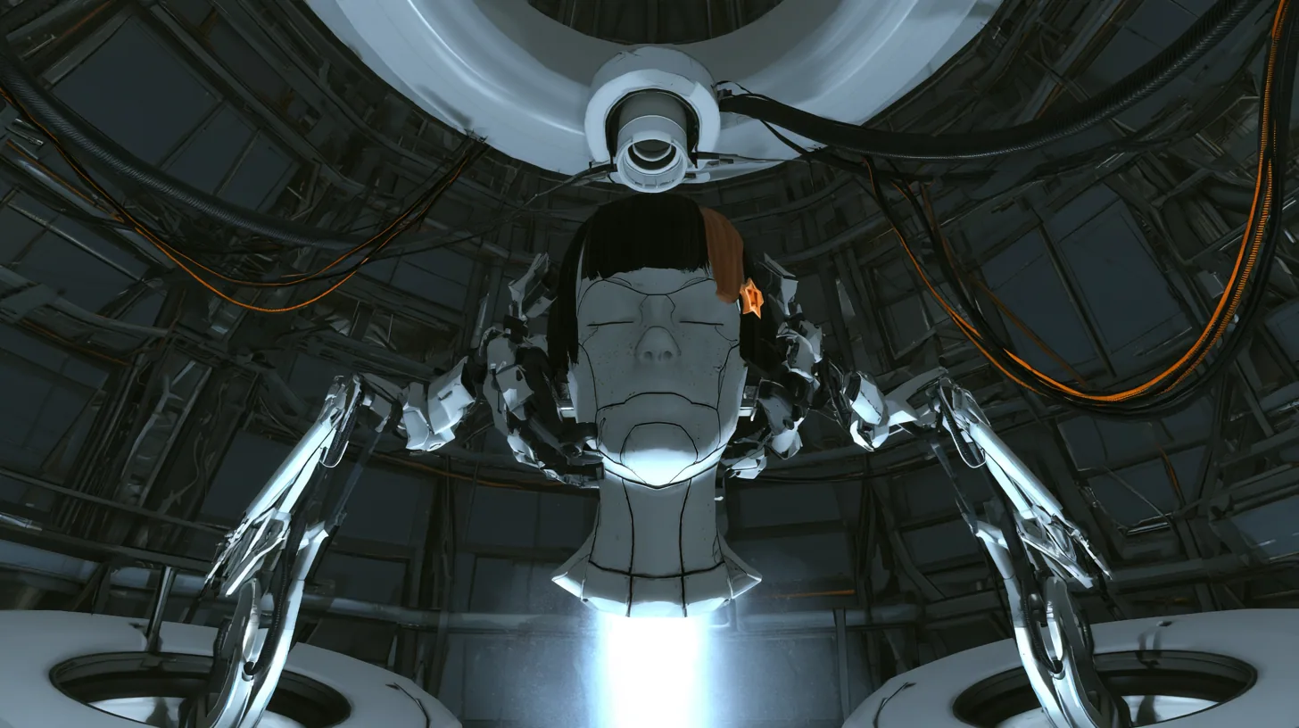 Low-angle cinematic film still looking up in GLaDOS's dark dome chamber from Portal 2: two slim white robotic arms rise from round floor hatches cradling a single porcelain android head with eyes closed, fine panel…