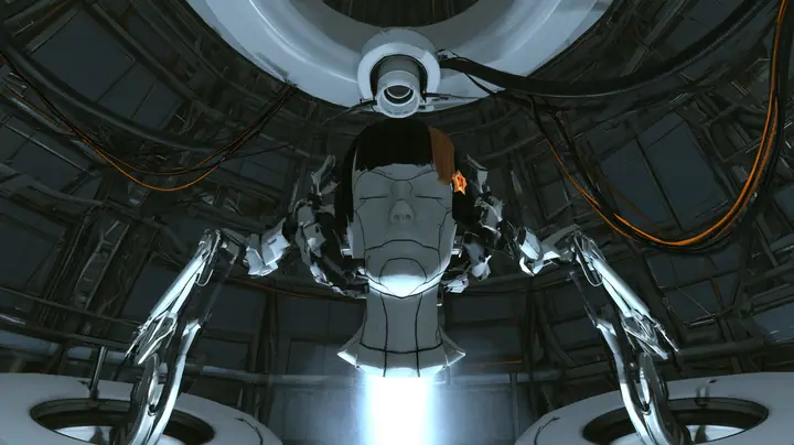 Low-angle cinematic film still looking up in GLaDOS's dark dome chamber from Portal 2: two slim white robotic arms rise from round floor hatches cradling a single porcelain android head with eyes closed, fine panel…