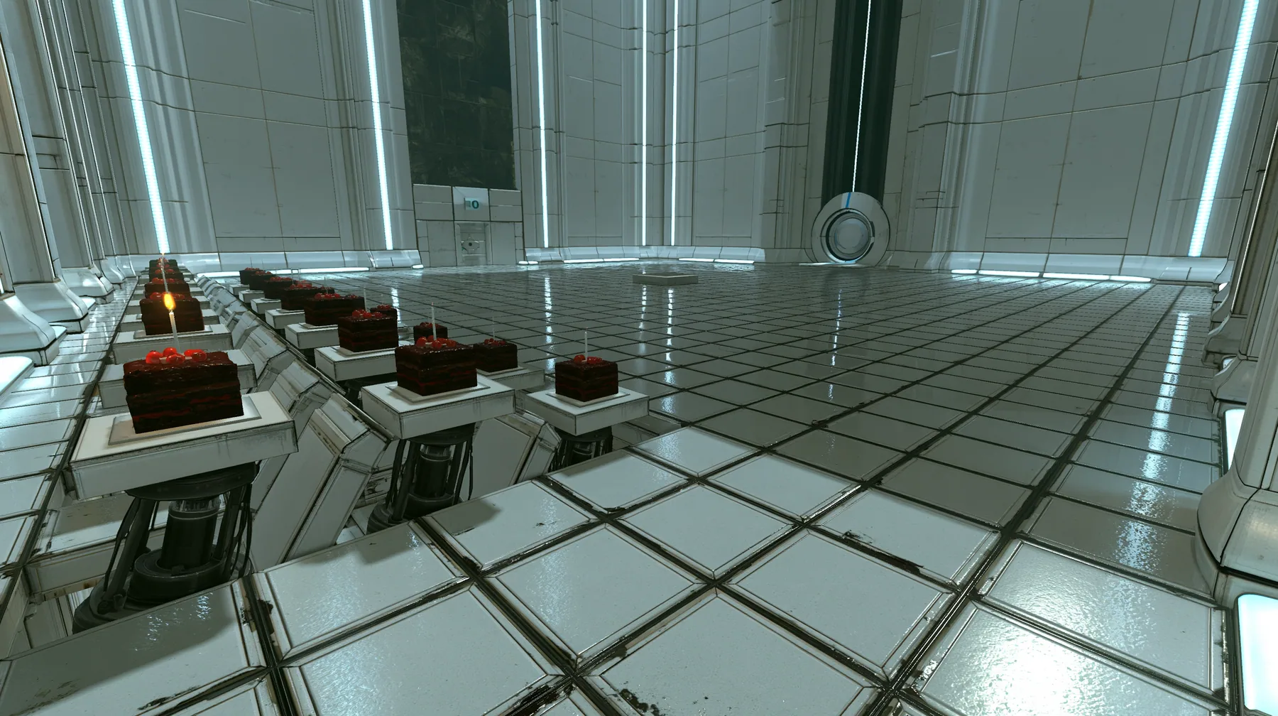 High crane shot looking down across a vast pristine white Portal 2 test chamber: a grid of square white floor panels with black seams, a diagonal wave of panels lifting on black hydraulic pistons from the near…