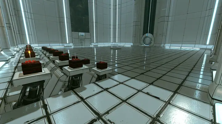 High crane shot looking down across a vast pristine white Portal 2 test chamber: a grid of square white floor panels with black seams, a diagonal wave of panels lifting on black hydraulic pistons from the near…