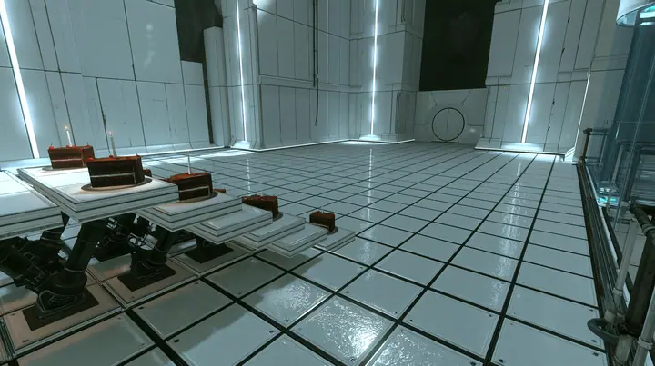 High crane shot looking down across a vast pristine white Portal 2 test chamber: a grid of square white floor panels with black seams, a diagonal wave of panels lifting on black hydraulic pistons from the near…