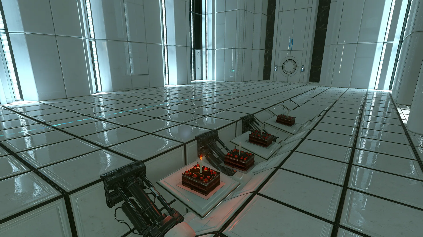 High crane shot looking down across a vast pristine white Portal 2 test chamber: a grid of square white floor panels with black seams, a diagonal wave of panels lifting on black hydraulic pistons from the near…
