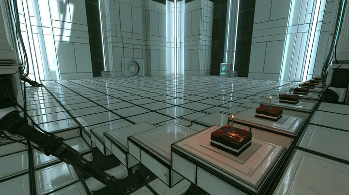 High crane shot looking down across a vast pristine white Portal 2 test chamber: a grid of square white floor panels with black seams, a diagonal wave of panels lifting on black hydraulic pistons from the near…