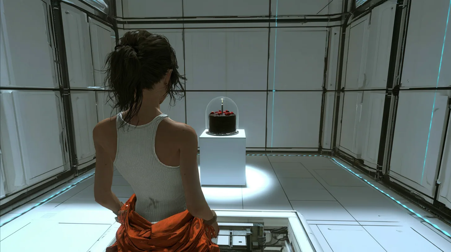 Over-the-shoulder cinematic film still from just behind a woman stepping into a clean white Portal 2 test chamber: we see only her back, dark brown hair in a ponytail with loose strands, a white ribbed tank top, an…