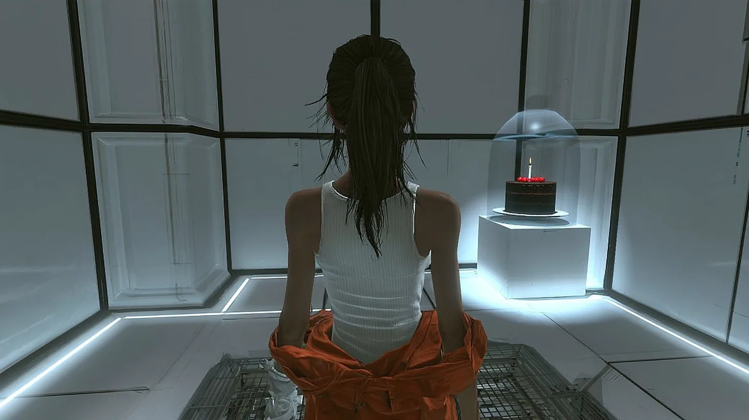 Over-the-shoulder cinematic film still from just behind a woman stepping into a clean white Portal 2 test chamber: we see only her back, dark brown hair in a ponytail with loose strands, a white ribbed tank top, an…