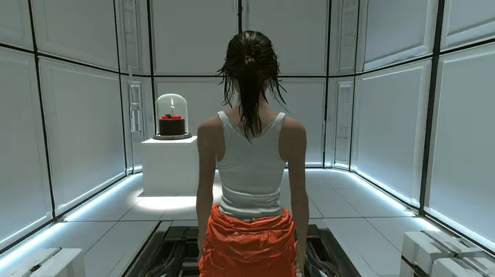 Over-the-shoulder cinematic film still from just behind a woman stepping into a clean white Portal 2 test chamber: we see only her back, dark brown hair in a ponytail with loose strands, a white ribbed tank top, an…