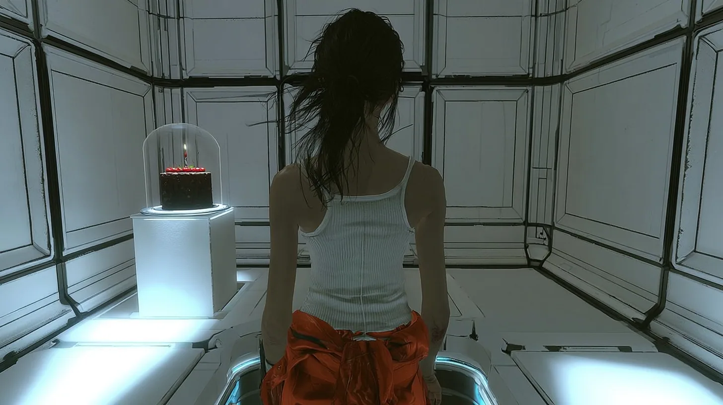 Over-the-shoulder cinematic film still from just behind a woman stepping into a clean white Portal 2 test chamber: we see only her back, dark brown hair in a ponytail with loose strands, a white ribbed tank top, an…