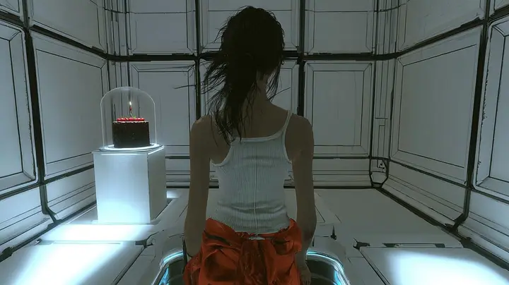Over-the-shoulder cinematic film still from just behind a woman stepping into a clean white Portal 2 test chamber: we see only her back, dark brown hair in a ponytail with loose strands, a white ribbed tank top, an…