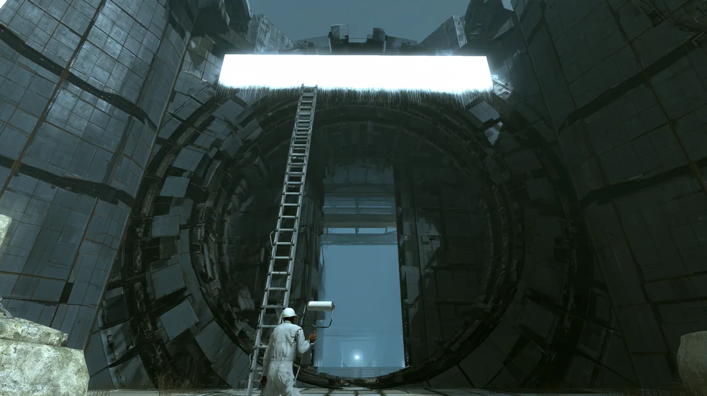Low-angle cinematic film still at the foot of a huge round Aperture vault door in dark grey Portal 2 wall panels with black seams: a maintenance technician in white overalls and a white cap, seen from behind, climbs…