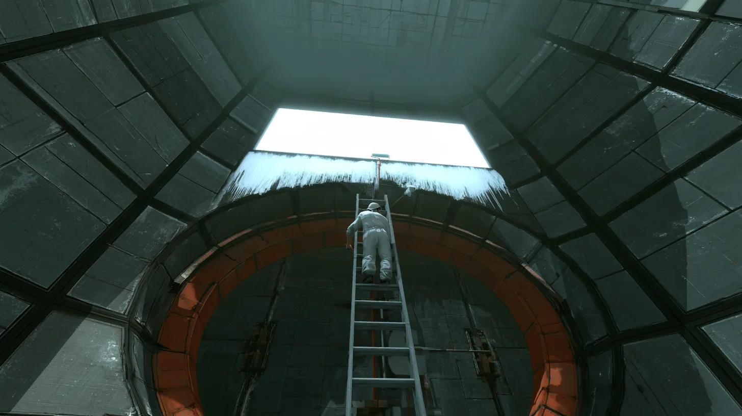 Low-angle cinematic film still at the foot of a huge round Aperture vault door in dark grey Portal 2 wall panels with black seams: a maintenance technician in white overalls and a white cap, seen from behind, climbs…