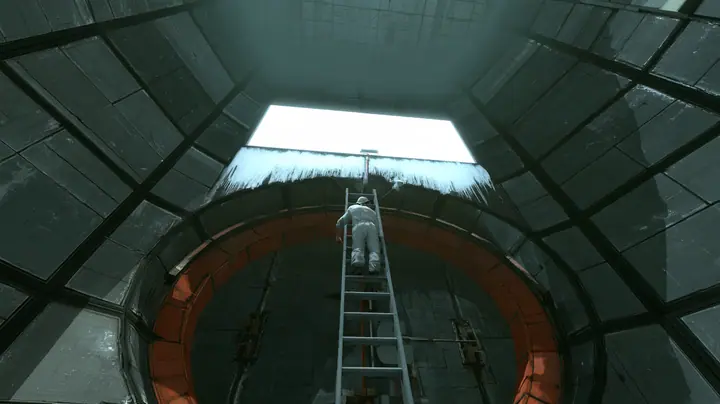 Low-angle cinematic film still at the foot of a huge round Aperture vault door in dark grey Portal 2 wall panels with black seams: a maintenance technician in white overalls and a white cap, seen from behind, climbs…