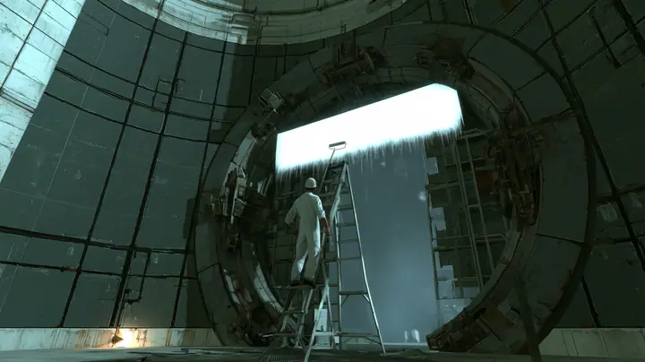 Low-angle cinematic film still at the foot of a huge round Aperture vault door in dark grey Portal 2 wall panels with black seams: a maintenance technician in white overalls and a white cap, seen from behind, climbs…