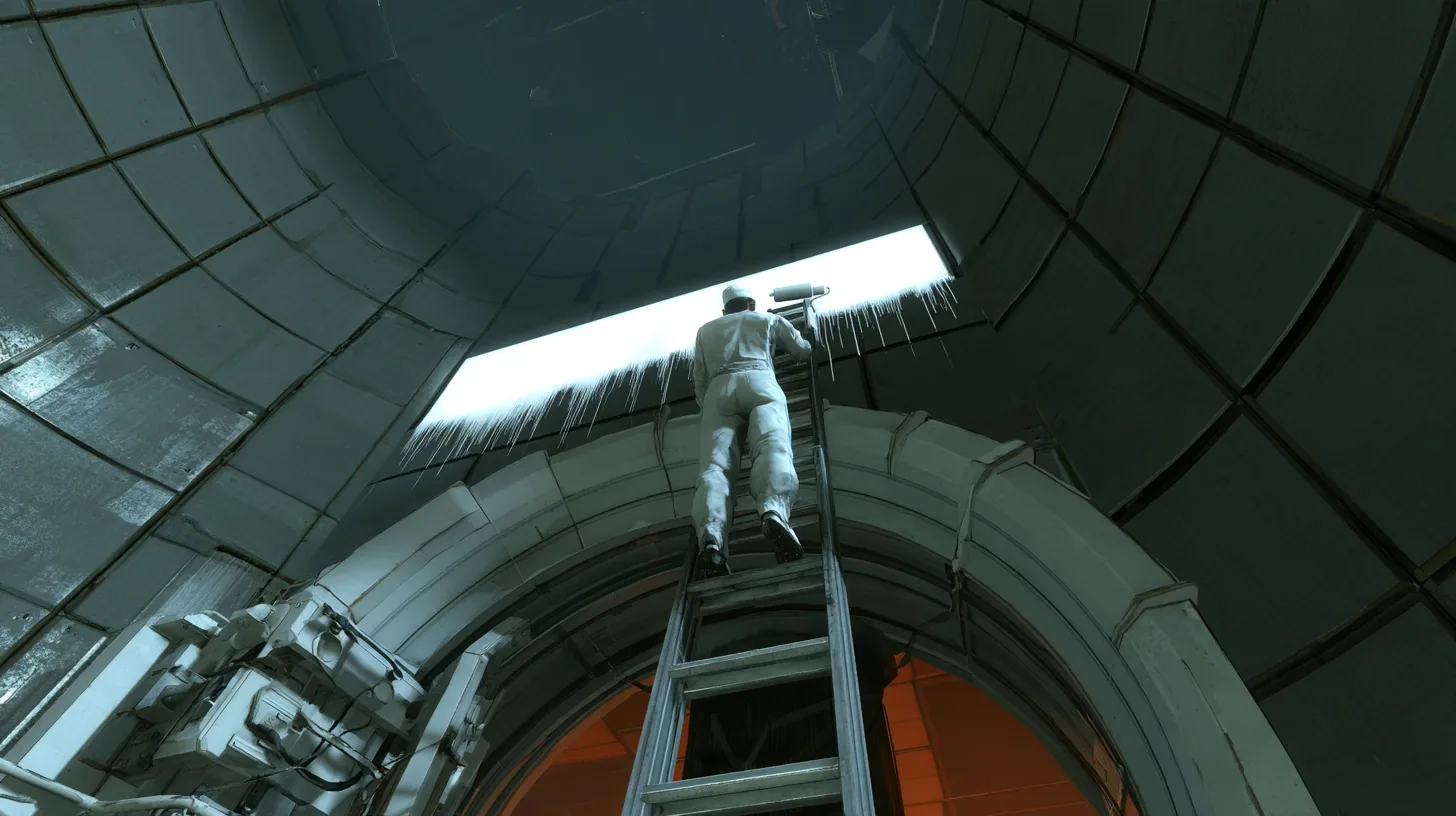Low-angle cinematic film still at the foot of a huge round Aperture vault door in dark grey Portal 2 wall panels with black seams: a maintenance technician in white overalls and a white cap, seen from behind, climbs…