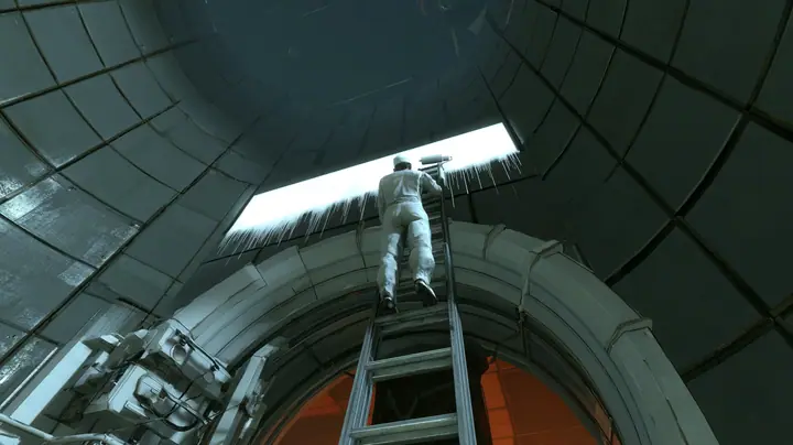 Low-angle cinematic film still at the foot of a huge round Aperture vault door in dark grey Portal 2 wall panels with black seams: a maintenance technician in white overalls and a white cap, seen from behind, climbs…