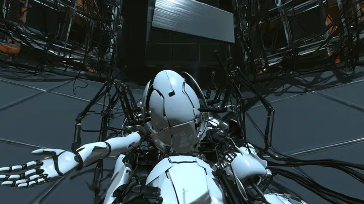 Top-down cinematic film still looking straight down at the dark panelled floor of a Portal 2 AI chamber: a heap of discarded Aperture robot parts in a cold spotlight, an empty white egg-shaped crab robot shell with…