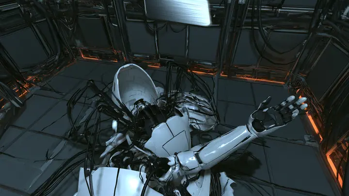 Top-down cinematic film still looking straight down at the dark panelled floor of a Portal 2 AI chamber: a heap of discarded Aperture robot parts in a cold spotlight, an empty white egg-shaped crab robot shell with…