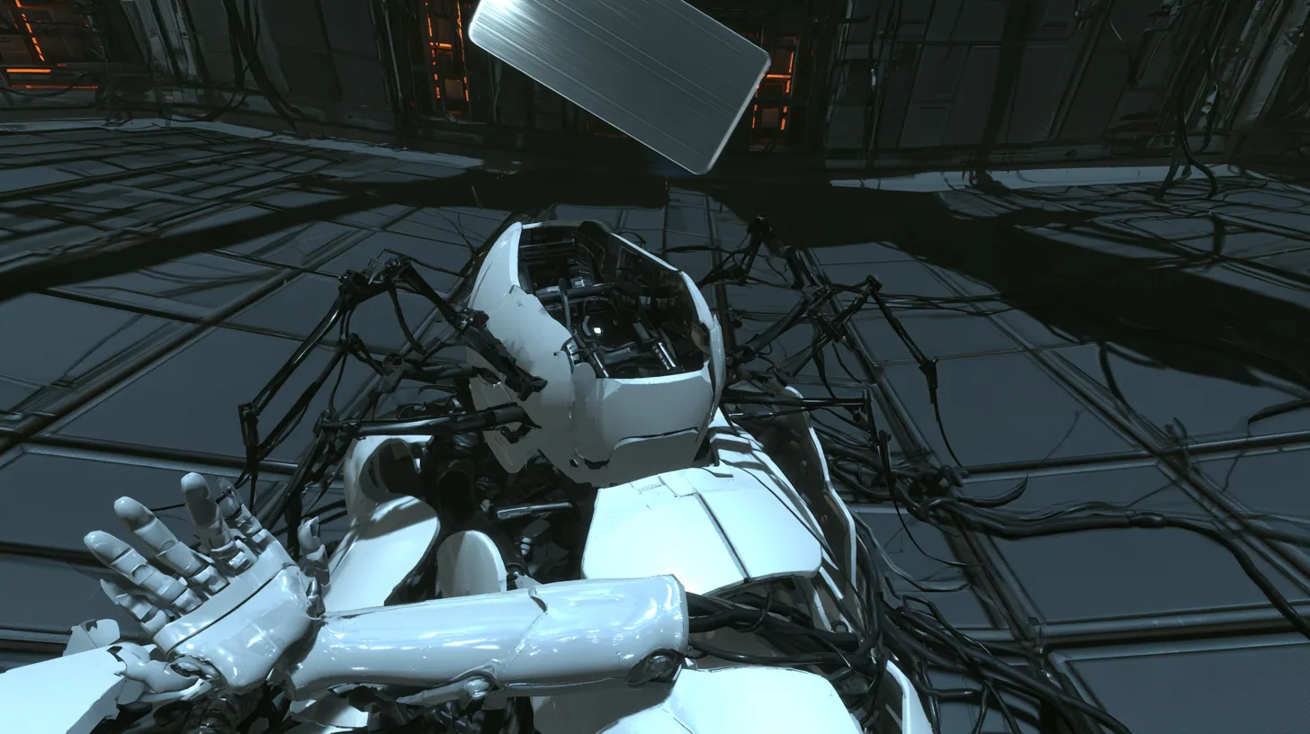 Top-down cinematic film still looking straight down at the dark panelled floor of a Portal 2 AI chamber: a heap of discarded Aperture robot parts in a cold spotlight, an empty white egg-shaped crab robot shell with…