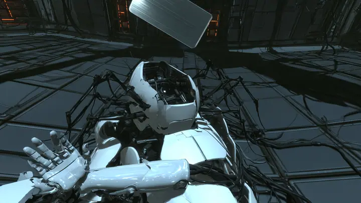 Top-down cinematic film still looking straight down at the dark panelled floor of a Portal 2 AI chamber: a heap of discarded Aperture robot parts in a cold spotlight, an empty white egg-shaped crab robot shell with…