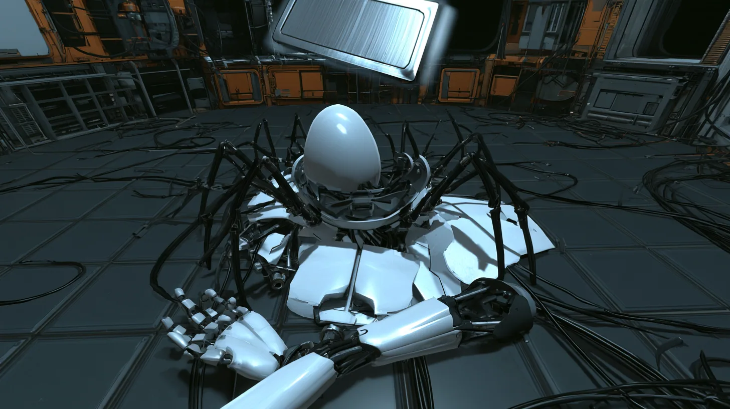 Top-down cinematic film still looking straight down at the dark panelled floor of a Portal 2 AI chamber: a heap of discarded Aperture robot parts in a cold spotlight, an empty white egg-shaped crab robot shell with…
