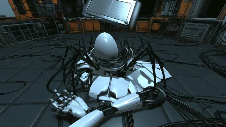 Top-down cinematic film still looking straight down at the dark panelled floor of a Portal 2 AI chamber: a heap of discarded Aperture robot parts in a cold spotlight, an empty white egg-shaped crab robot shell with…