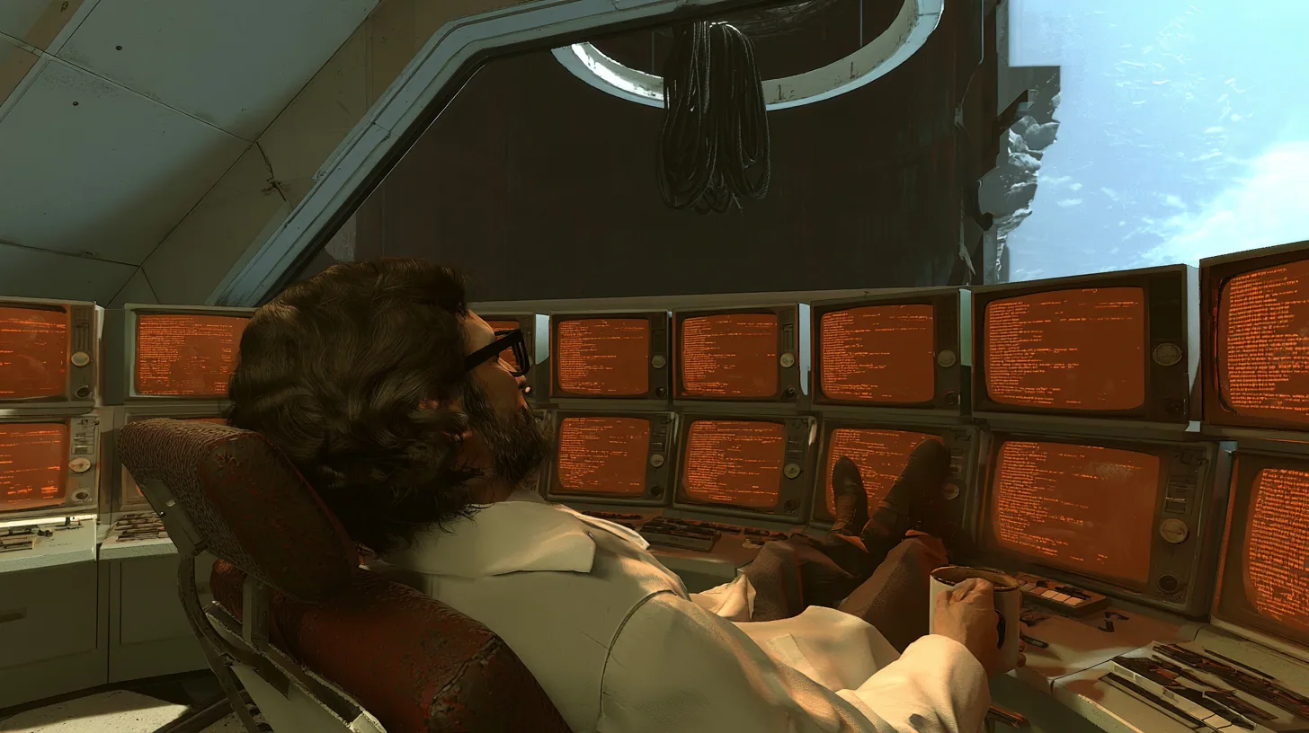 Over-the-shoulder cinematic film still inside a 1970s Aperture control room: a bearded scientist with wavy brown hair and black-rimmed glasses in a white lab coat, seen from behind, leans far back in a swivel chair…