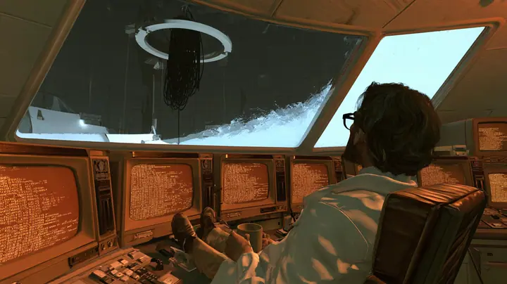 Over-the-shoulder cinematic film still inside a 1970s Aperture control room: a bearded scientist with wavy brown hair and black-rimmed glasses in a white lab coat, seen from behind, leans far back in a swivel chair…