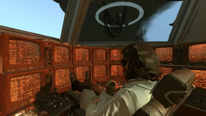 Over-the-shoulder cinematic film still inside a 1970s Aperture control room: a bearded scientist with wavy brown hair and black-rimmed glasses in a white lab coat, seen from behind, leans far back in a swivel chair…