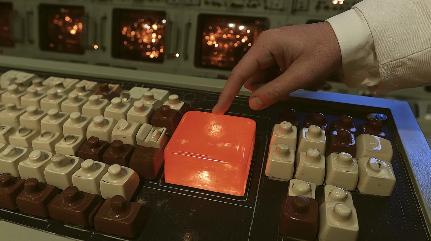 Macro cinematic film still at keyboard height on a chunky 1970s Aperture control console: rows of cream and brown keys with rounded tops and, in the middle, one oversized square key of glossy orange plastic glowing…