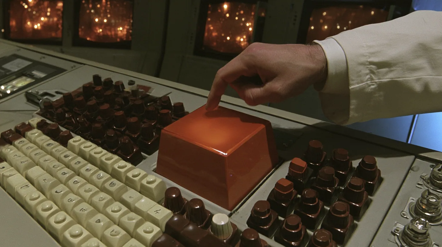 Macro cinematic film still at keyboard height on a chunky 1970s Aperture control console: rows of cream and brown keys with rounded tops and, in the middle, one oversized square key of glossy orange plastic glowing…
