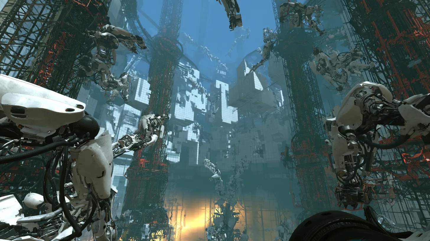 Sweeping aerial cinematic film still over a colossal hazy Aperture Science shaft from Portal 2: hundreds of white jointed robotic panel arms swing square white wall panels through the air, flipping and sliding them…