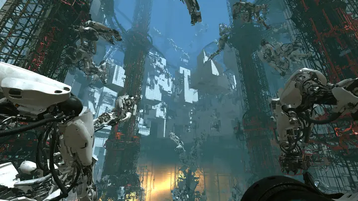 Sweeping aerial cinematic film still over a colossal hazy Aperture Science shaft from Portal 2: hundreds of white jointed robotic panel arms swing square white wall panels through the air, flipping and sliding them…
