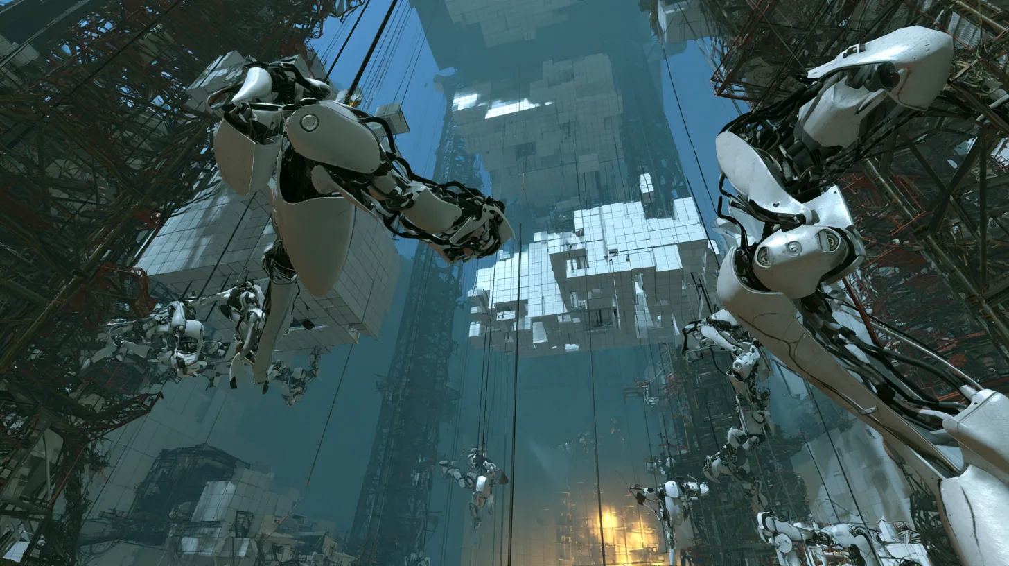 Sweeping aerial cinematic film still over a colossal hazy Aperture Science shaft from Portal 2: hundreds of white jointed robotic panel arms swing square white wall panels through the air, flipping and sliding them…