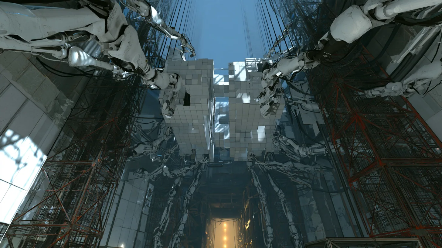 Sweeping aerial cinematic film still over a colossal hazy Aperture Science shaft from Portal 2: hundreds of white jointed robotic panel arms swing square white wall panels through the air, flipping and sliding them…
