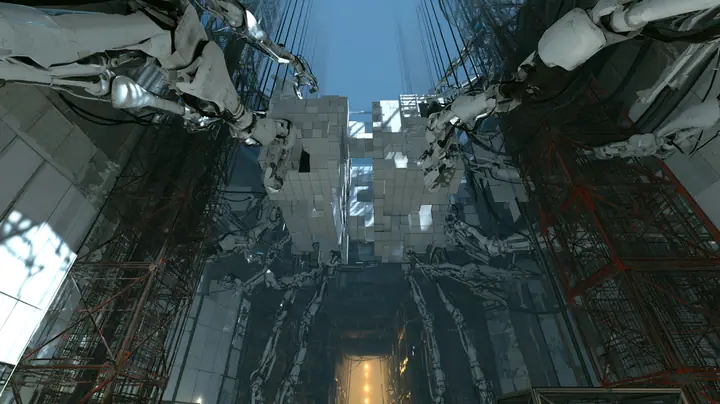 Sweeping aerial cinematic film still over a colossal hazy Aperture Science shaft from Portal 2: hundreds of white jointed robotic panel arms swing square white wall panels through the air, flipping and sliding them…