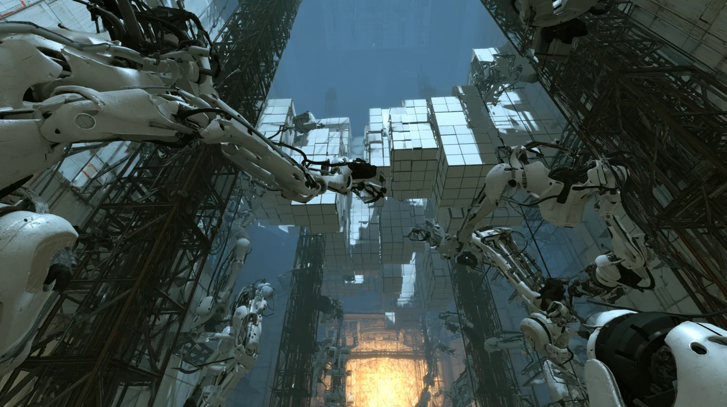 Sweeping aerial cinematic film still over a colossal hazy Aperture Science shaft from Portal 2: hundreds of white jointed robotic panel arms swing square white wall panels through the air, flipping and sliding them…