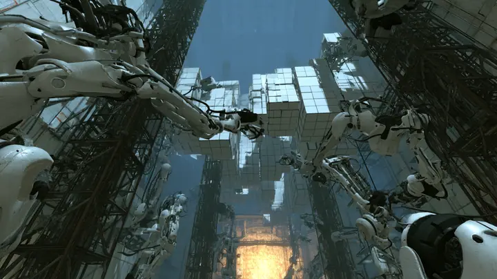 Sweeping aerial cinematic film still over a colossal hazy Aperture Science shaft from Portal 2: hundreds of white jointed robotic panel arms swing square white wall panels through the air, flipping and sliding them…