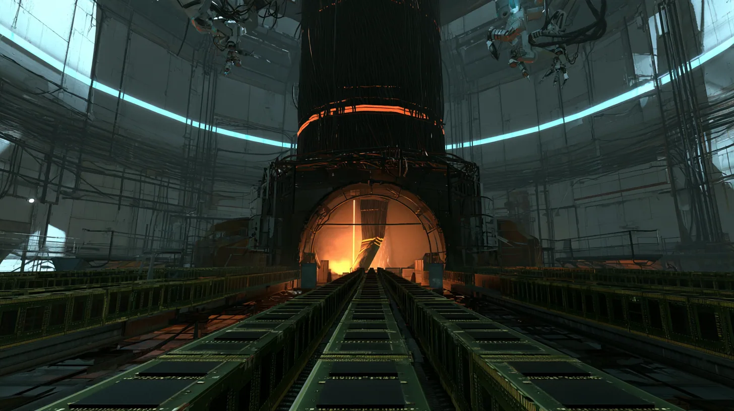 Low tracking cinematic film still at conveyor-belt height in a dim Portal 2 behind-the-scenes hall: three converging belts packed edge to edge with green RAM memory sticks, black chips and gold contacts, standing in…