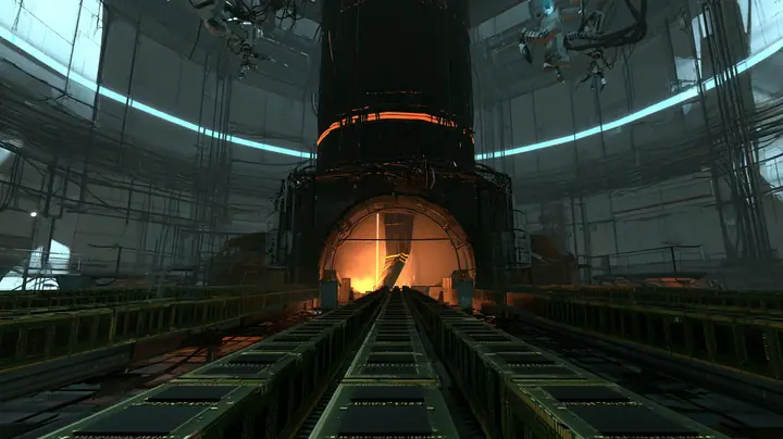 Low tracking cinematic film still at conveyor-belt height in a dim Portal 2 behind-the-scenes hall: three converging belts packed edge to edge with green RAM memory sticks, black chips and gold contacts, standing in…