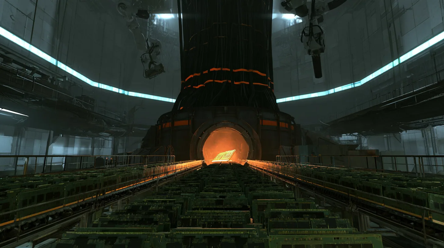 Low tracking cinematic film still at conveyor-belt height in a dim Portal 2 behind-the-scenes hall: three converging belts packed edge to edge with green RAM memory sticks, black chips and gold contacts, standing in…