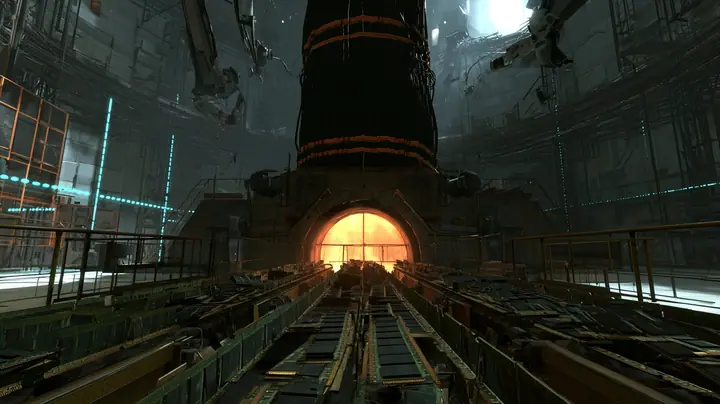 Low tracking cinematic film still at conveyor-belt height in a dim Portal 2 behind-the-scenes hall: three converging belts packed edge to edge with green RAM memory sticks, black chips and gold contacts, standing in…