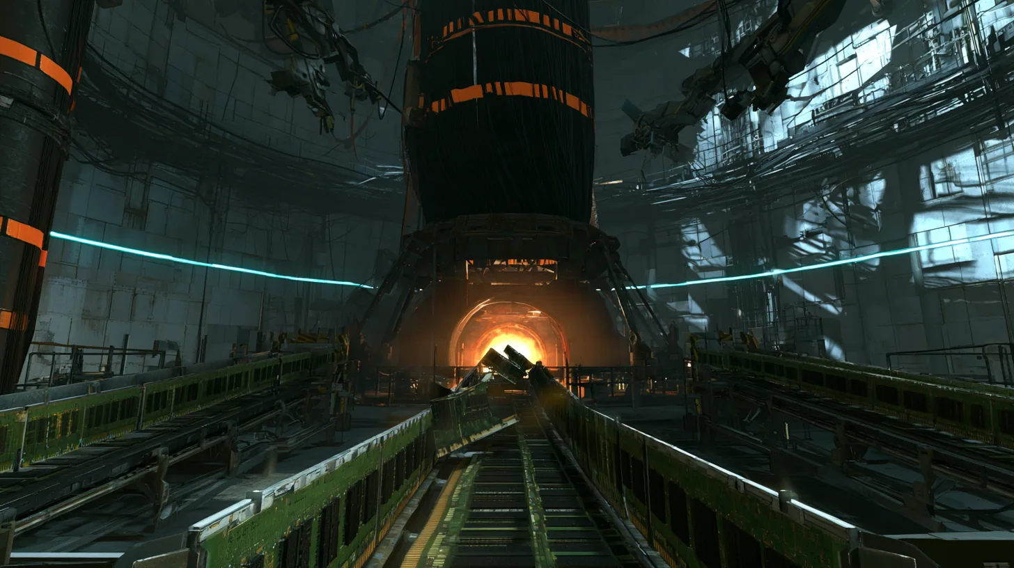 Low tracking cinematic film still at conveyor-belt height in a dim Portal 2 behind-the-scenes hall: three converging belts packed edge to edge with green RAM memory sticks, black chips and gold contacts, standing in…